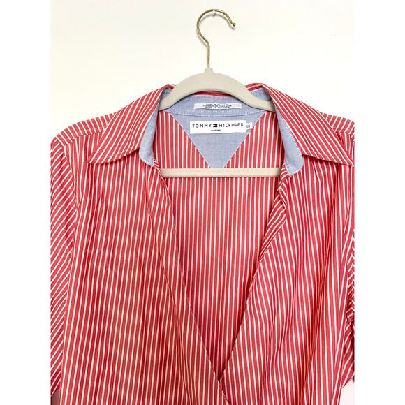 Tommy Hilfiger Red White Stripe Wrap Blouse Womens 1X Cotton Long Sleeve Preppy - Picture 4 of 12